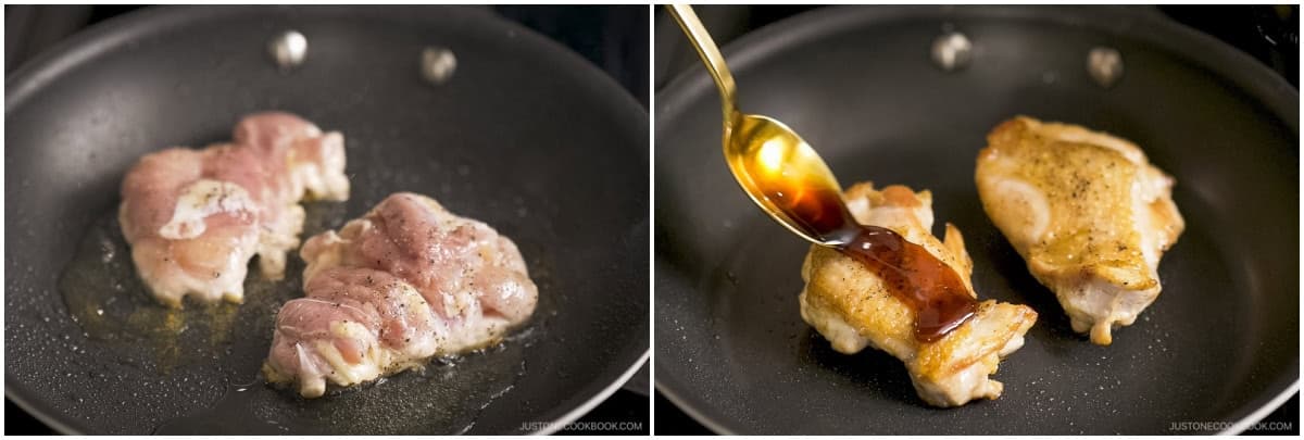 Teriyaki Chicken: Season boneless, skin-on chicken thighs (or chicken breast, if you prefer) with salt and freshly ground black pepper. Lightly coat the chicken with all-purpose flour. Heat a frying pan over medium heat, then add cooking oil or butter. Add the chicken to the pan, skin side down, and cook until browned. Flip the chicken and cover the pan until the chicken is cooked through. Wipe off the oil from the frying pan with a paper towel.