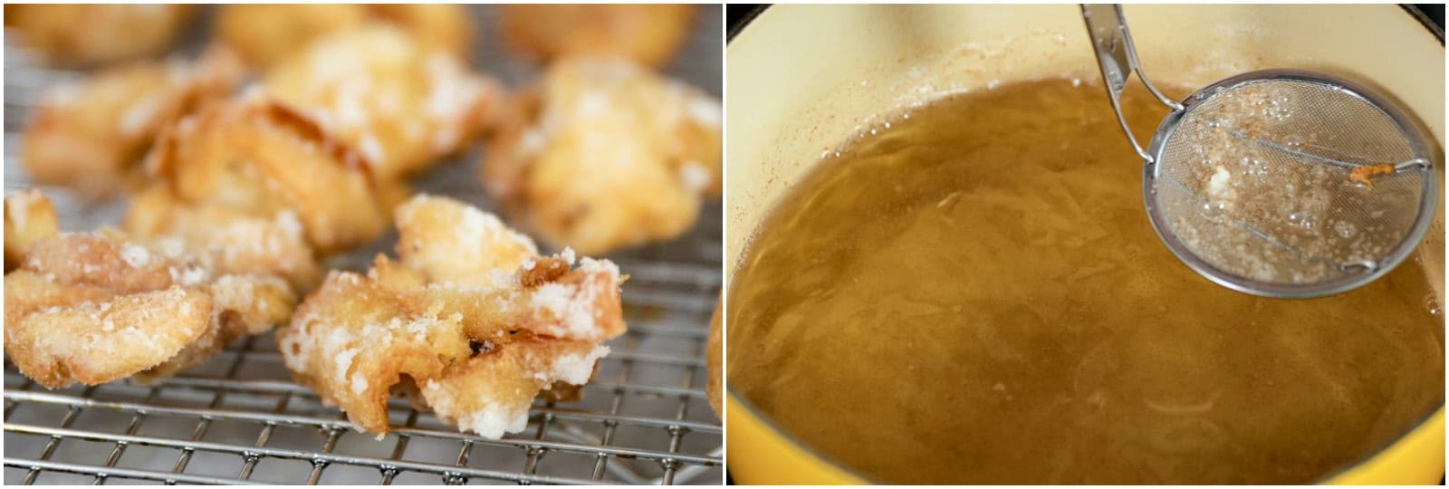 The residual heat will continue to cook the chicken as it rests. Continue to fry the remaining chicken pieces. Between batches, scoop up and discard the crumbs in the oil with a fine-mesh sieve. This keeps the oil clean and prevents it from becoming darker.