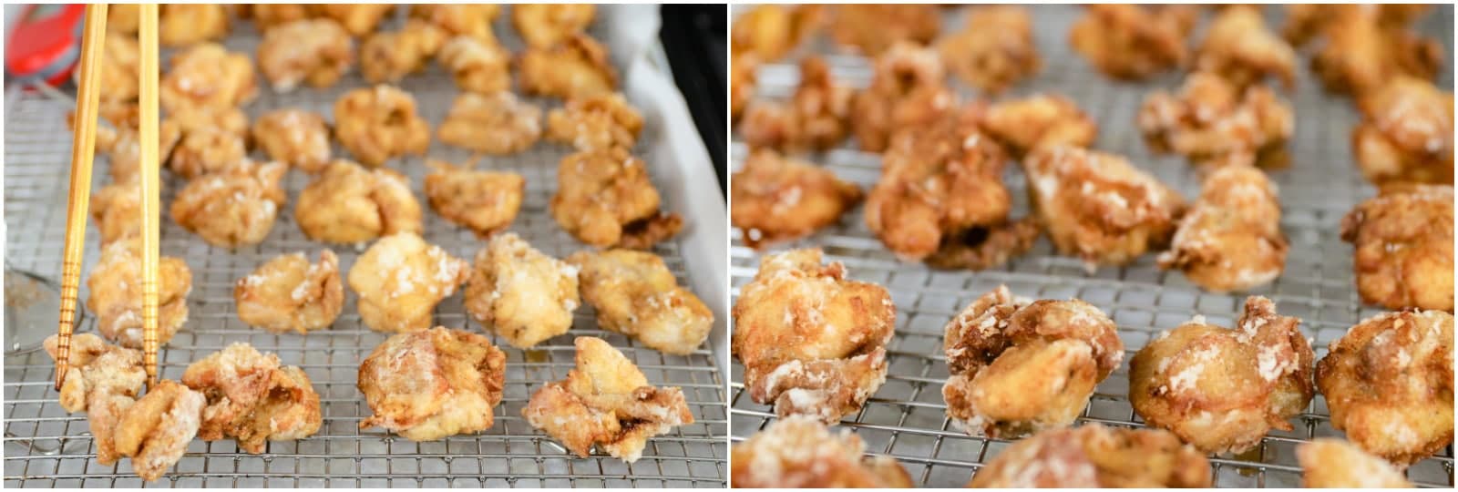 The left photo shows the chicken pieces after the first fry and the right photo shows them after the second fry. The chicken pieces on the right are slightly darker in color.