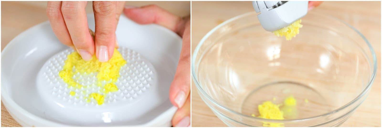 Now, grate the ginger (I use a ceramic grater) and measure ½ tsp ginger (grated, with juice). Add it to a large bowl. Mince or press 1 clove garlic (I use a garlic press) and add it to the bowl.