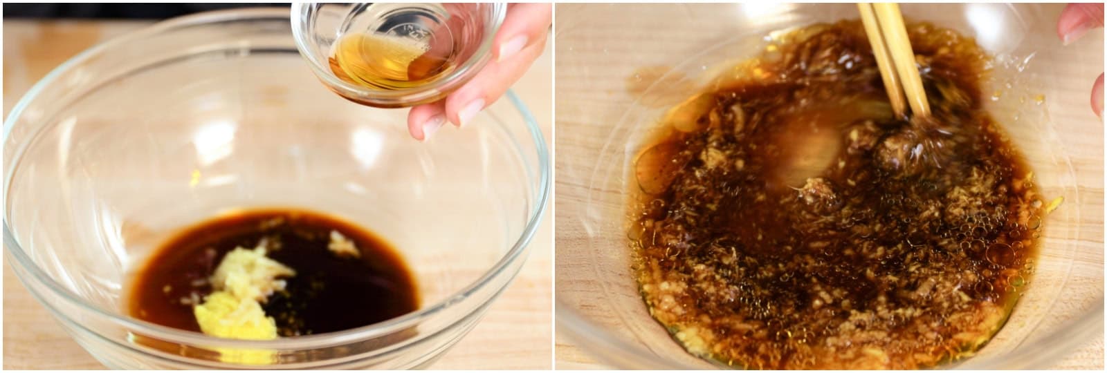 Add ½–1 Tbsp soy sauce, ½ Tbsp sake, and ½ tsp toasted sesame oil to the ginger and garlic. Whisk to combine.