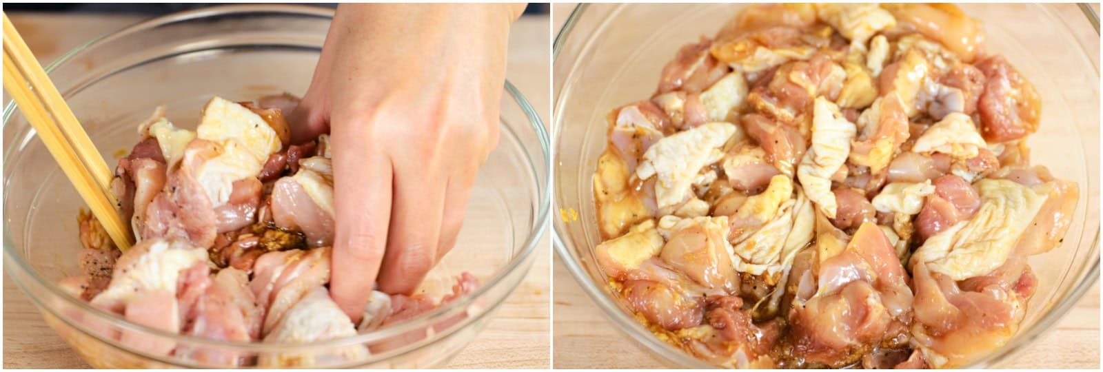 Add the chicken to the marinade and mix it with your hands. Cover and marinate in the refrigerator for 30 minutes.
