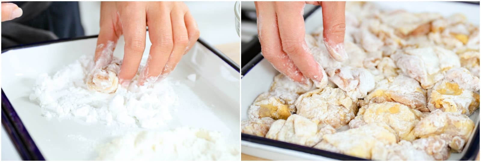 Next, dredge it in the potato starch and shake off the excess. Place it in a separate tray. Continue with the remaining chicken pieces.