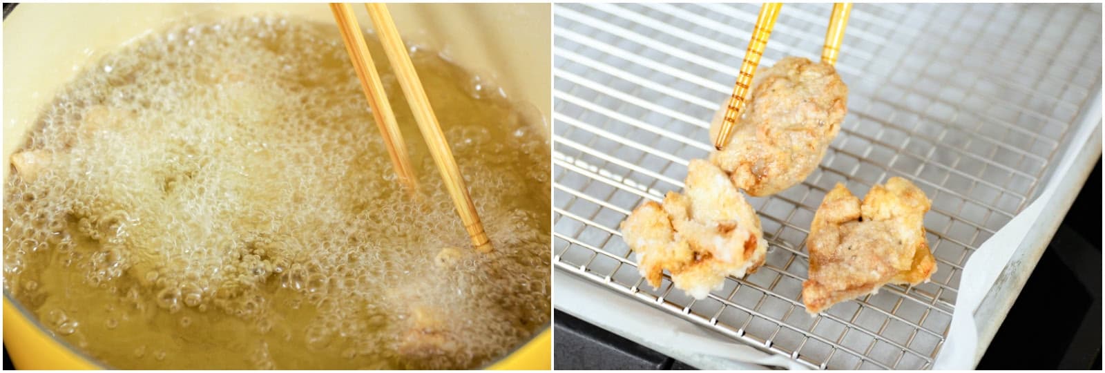 Deep-fry for 90 seconds, or until the chicken is a light golden color. Transfer to a wire rack to drain the excess oil. Tip: If the chicken browns too quickly, then the oil temperature is too high. Either put a few more pieces of chicken in the oil or lower the heat setting. Controlling the oil temperature at all times is very important for deep-frying.