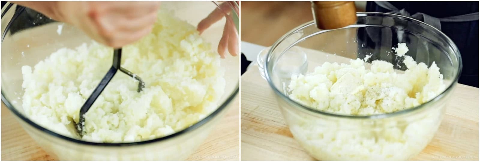 Mash the potatoes with a potato masher while they are still hot, allowing the steam to escape. Keep some potato chunks for texture. Then, add 1 Tbsp unsalted butter, ½ tsp Diamond Crystal kosher salt, and ¼ tsp freshly ground black pepper and combine gently.