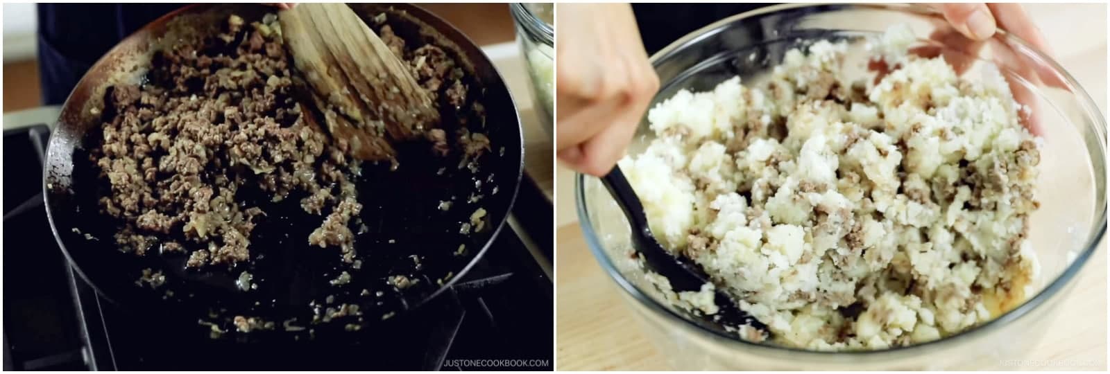 If the meat mixture has released excess liquid, tilt the pan to collect it on one side and avoid adding it to the potatoes. Add the drained meat to the bowl of potatoes and gently mix to combine.