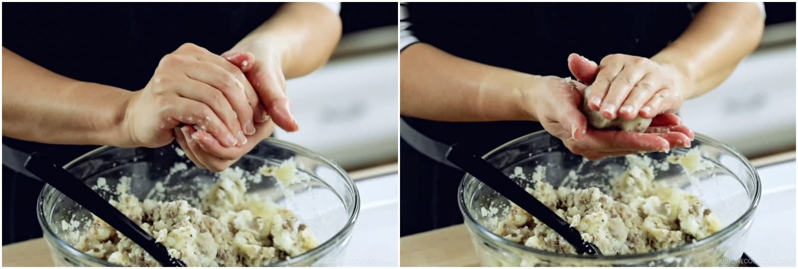 While the mixture is still warm (but not hot), form oval-shaped patties 3 inches (7.5 cm) in length. Try not to create air pockets that can make the patties explode while deep-frying.