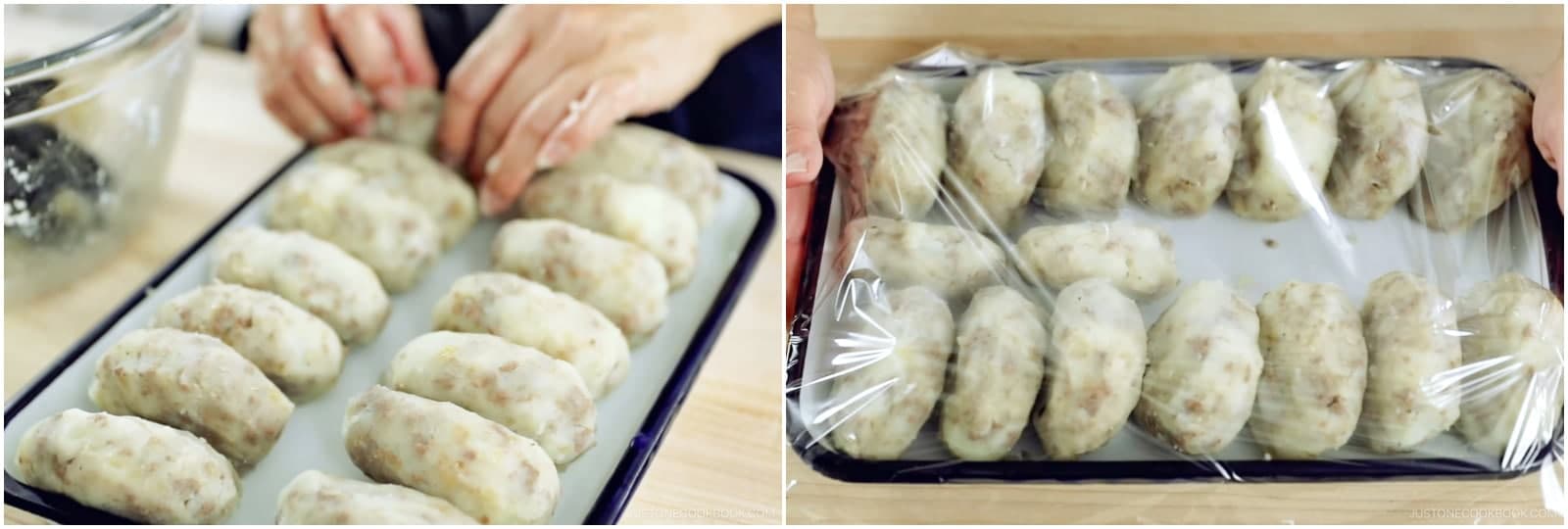 Place the patties on a tray or plate to let cool completely. Once cool to room temperature, cover and rest them in the refrigerator for 15–30 minutes. Do not skip this step! Nami's Tip: Chilling the patties helps the ingredients meld and prevents the croquettes from bursting during frying. Warm patties generate steam as they heat up, which can rupture the panko coating and cause them to explode. Cold patties, on the other hand, minimize steam and stay intact.