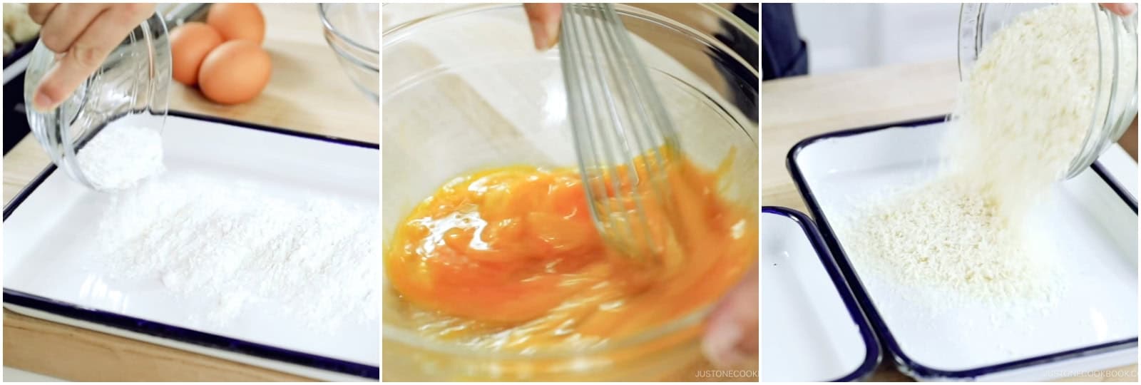Prepare separate trays for ½ cup all-purpose flour (plain flour) and 2 cups panko (Japanese breadcrumbs). Crack 3 large eggs (50 g each w/o shell) into a small bowl and beat with a whisk.