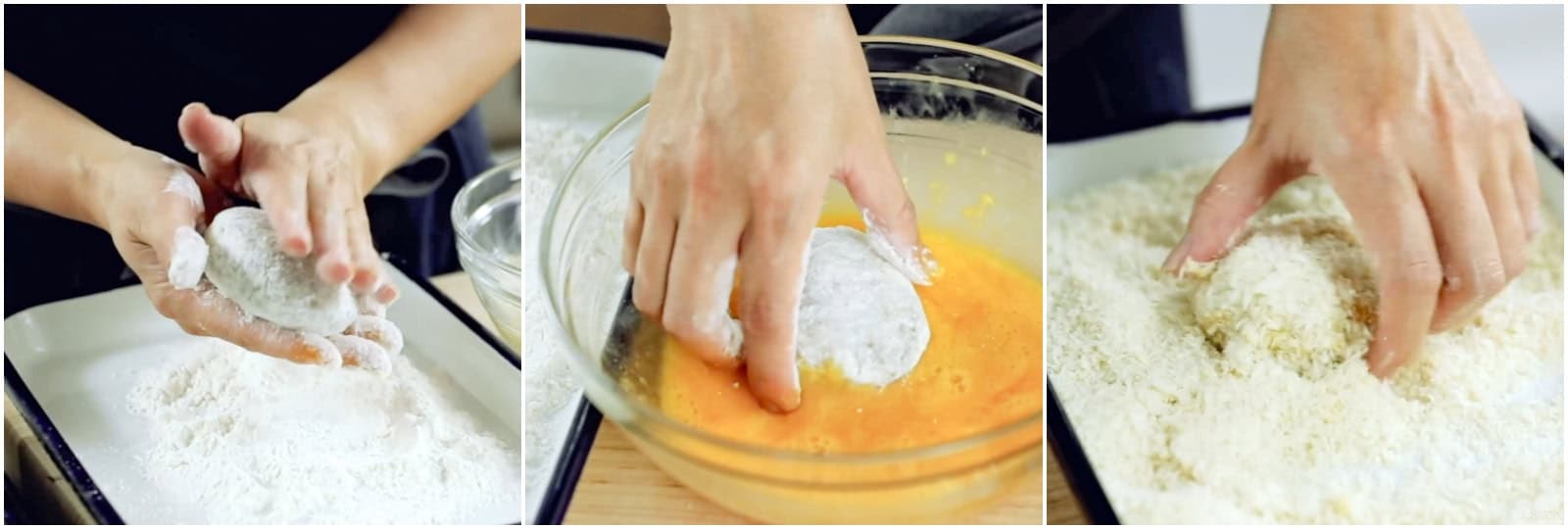 Dredge each patty in flour and shake off the excess. Dip in the beaten egg, then coat with the panko. , pressing to adhere the breadcrumbs.