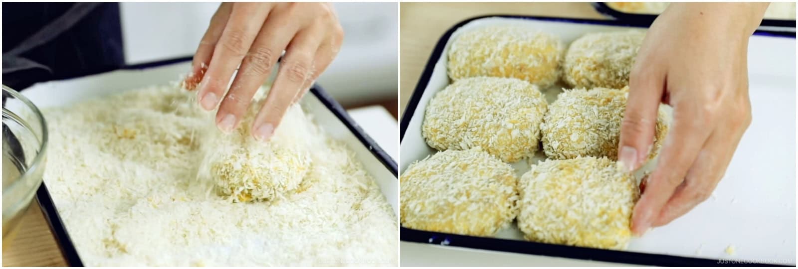 Gently press the croquettes to help the breadcrumbs adhere and adjust the shape as needed.