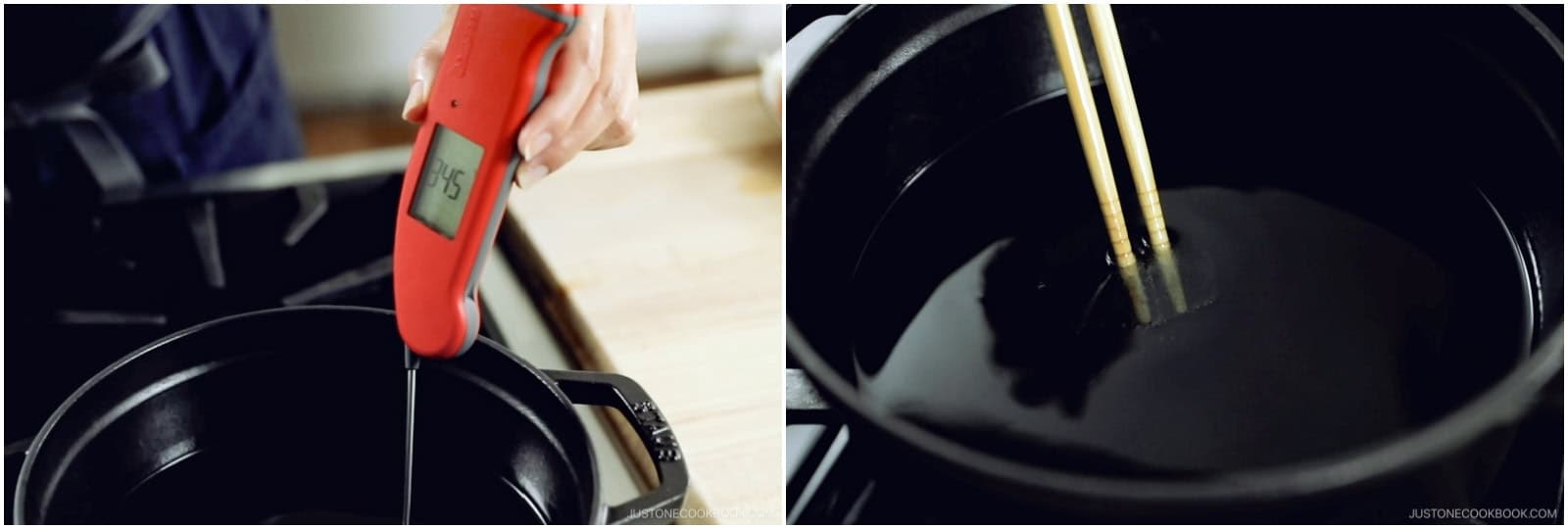 Add 4 cups neutral oil to a medium pot and bring it to 340–350ºF (170–180ºC) over medium heat. Use a cooking thermometer to check the oil temperature so there‘s no guessing. Nami's Tip: Make sure there‘s at least 2 inches (5 cm) of oil in the pot so the croquettes are completely submerged while cooking. Once you get used to deep-frying, you can use the chopstick or panko tricks to determine if the oil is ready.