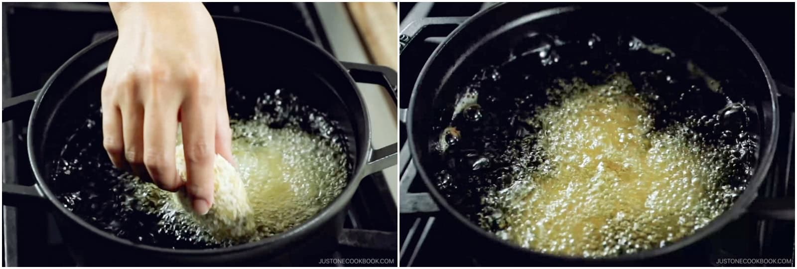 Deep-fry 2–3 croquettes at a time until golden brown, about 2–3 minutes. Do not touch or flip the croquettes until one side is golden brown. The inside is already cooked, so you just need to fry the breading. Nami's Tip: Do not crowd the pot as the oil temperature will drop quickly and cause the food to absorb more oil.