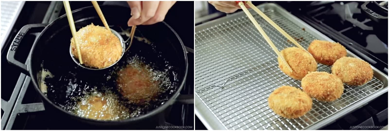 Transfer to a wire rack or a plate lined with paper towels to drain the excess oil. Continue deep-frying the rest of the patties.
