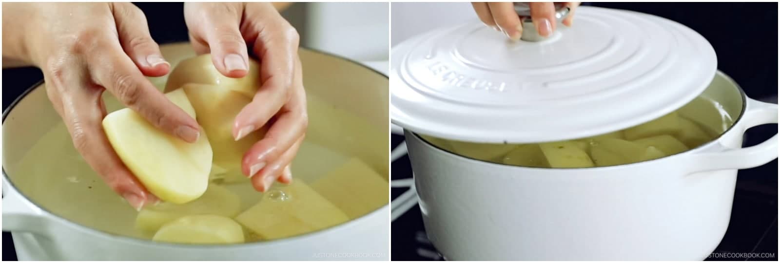 Put the cold running water and potatoes in a large pot and cover with a lid slightly ajar to prevent boiling over. Turn on the heat to medium and bring it to a boil; this will take about 15 minutes. Once boiling, reduce the heat to maintain a gentle boil and cook until done, about 15–20 minutes. You have 30 minutes to complete the next step!