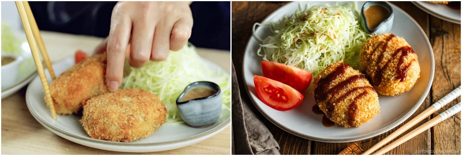 Serve with tonkatsu sauce (bottled or Homemade Tonkatsu Sauce). In Japan, we typically serve deep-fried foods with shredded green cabbage. I shred it with a julienne slicer or stainless steel cabbage slicer and serve it with Japanese Sesame Dressing. I also add a few wedges of tomato for color.