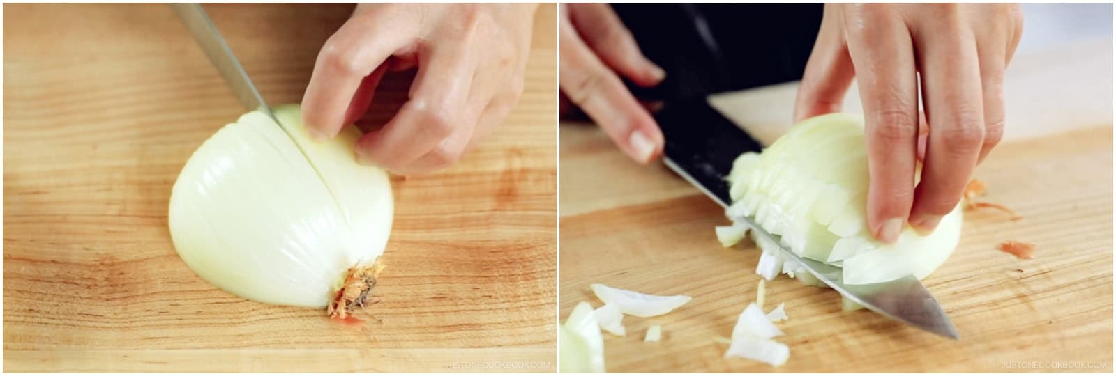 Meanwhile, prepare the onion and ground beef. Mince 1 onion finely (called mijingiri in Japanese). Lay an onion half on the cutting board, flat side down. Make ¼-inch vertical slices to within ½ inch of the root end. Then, make ¼-inch horizontal slices, again keeping the root intact.
