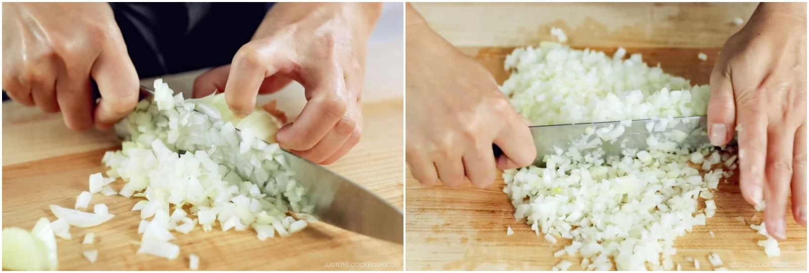 Make perpendicular cuts down through the vertical slices. If you need to chop the onions finer, run your knife through them using a rocking motion while holding down the tip of the knife.