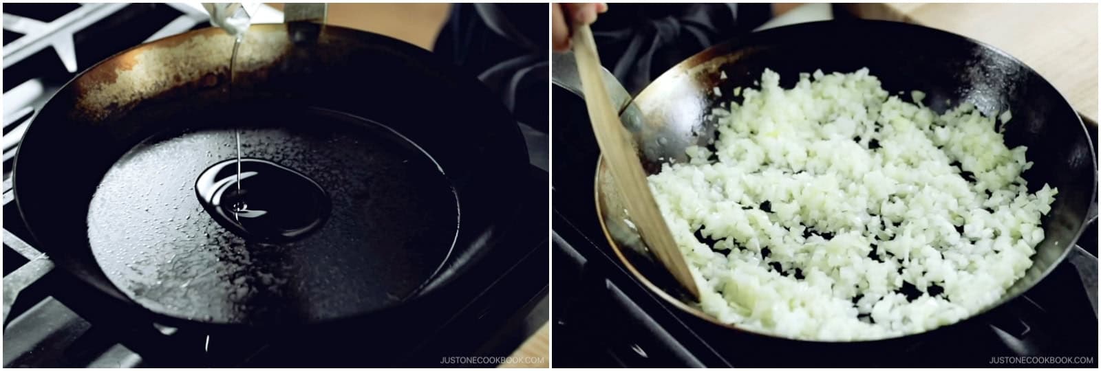 Preheat a large skillet on medium heat. Once it's hot, add 1 Tbsp neutral oil and the minced onions. Spread the onions and let them cook undisturbed for a while to develop a nice char—just be careful not to burn them.