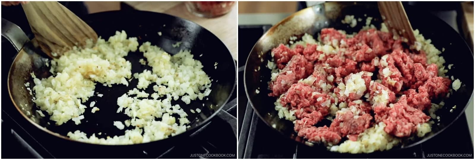 Sauté until translucent and tender, about 12–15 minutes. Add 1 lb ground beef to the pan and break it up with a wooden spoon. Nami's Tip: Be sure to evaporate any moisture from the onions; excess liquid can make the croquettes soggy.