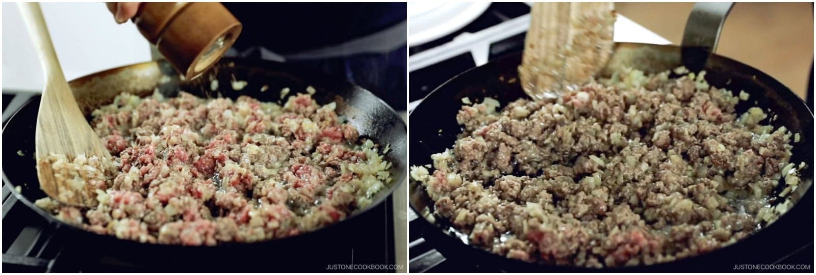 Season with ½ tsp Diamond Crystal kosher salt and ¼ tsp freshly ground black pepper. Stir and cook until the meat is no longer pink. Turn off the heat and set aside until the potatoes are done cooking.