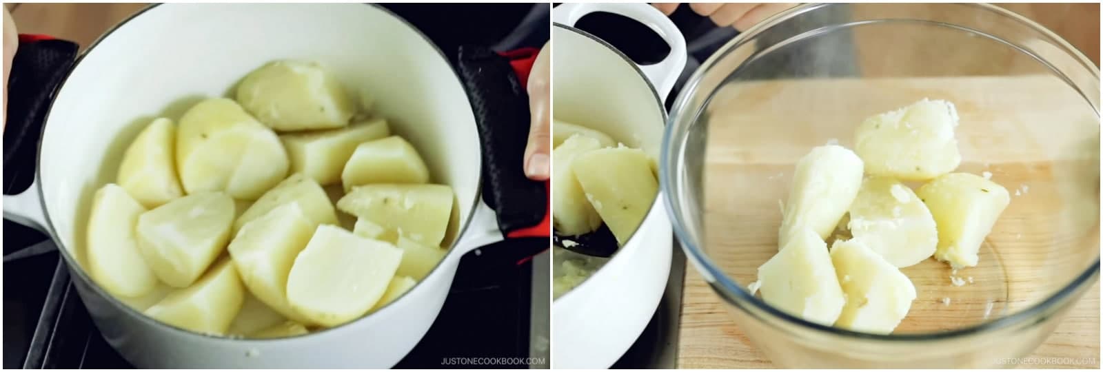Move the pot back to the stove over low heat. Continuously shake the pot to evaporate the remaining moisture from the potatoes, about 1–2 minutes. The potatoes should look powdery and dry. Transfer them to a large bowl.