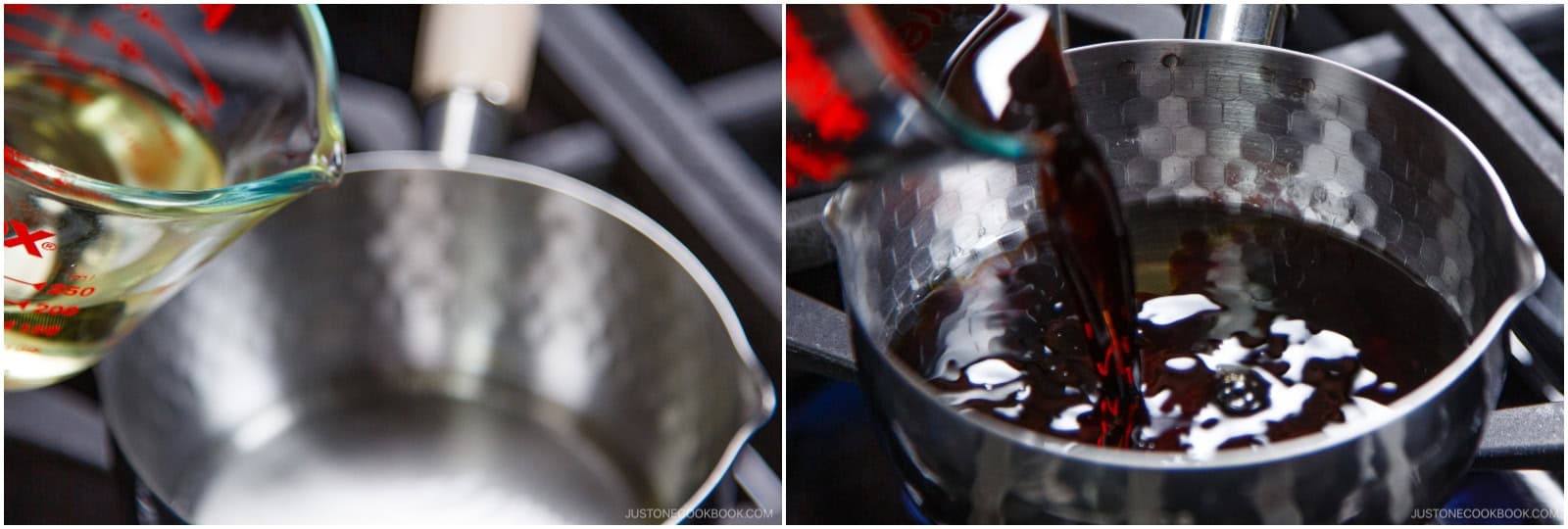 Add ¼ cup sake and ½ cup mirin to a medium saucepan. Bring to a boil over medium-high heat and cook until the alcohol smell dissipates, about several seconds. Add ½ cup soy sauce.Nami's Tip: I add an extra 1 Tbsp mirin for a slightly sweeter sauce. Feel free to adjust to your taste.