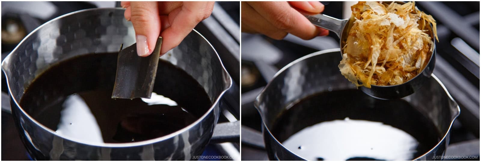 Add 1 piece kombu (dried kelp) and ½–1 cup katsuobushi (dried bonito flakes). Nami's Tip: Use the maximum amount of katsuobushi for a more intense bonito flavor.