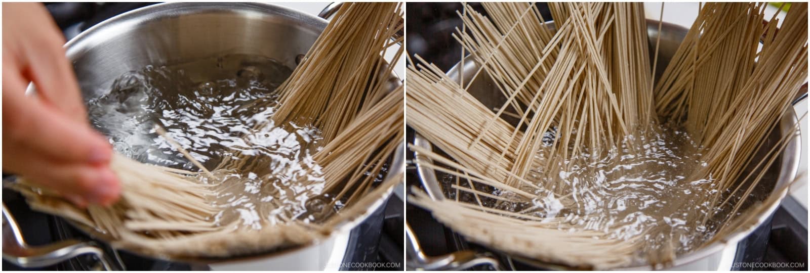 Bring a large pot of water to a boil (do not add salt). Add 14 oz dried soba noodles (buckwheat noodles), fanning them out to keep the strands separated. Stir occasionally to prevent sticking. Cook according to the package instructions—do not overcook.Nami's Tip: Before draining, reserve 1–1½ cups of the cooking water (sobayu) to enjoy at the end of the meal.