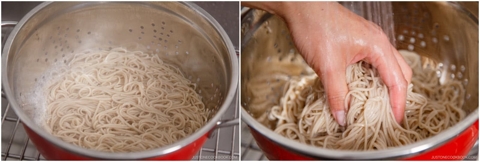 Drain the noodles in a sieve and rinse under cold running water, rubbing gently with your hands to remove excess starch.Nami's Tip: Don't skip this step—without rinsing, the noodles will clump together and turn slimy.