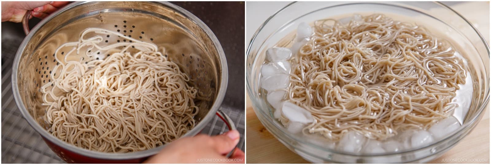 Shake the sieve to drain well. Transfer the noodles to a large bowl of iced water. Chill the noodles for 30 seconds. Drain well and set aside.