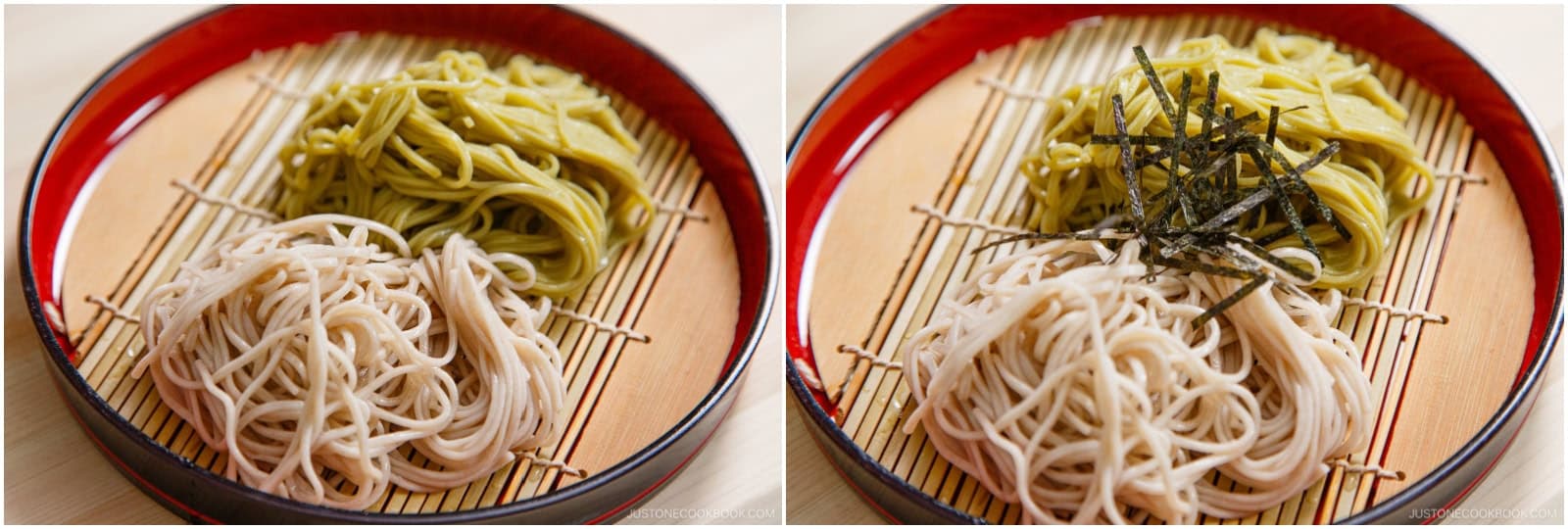 Place bamboo sieves or mats over individual plates to catch the draining water. Add one serving of soba noodles to each mat and garnish with shredded nori seaweed.