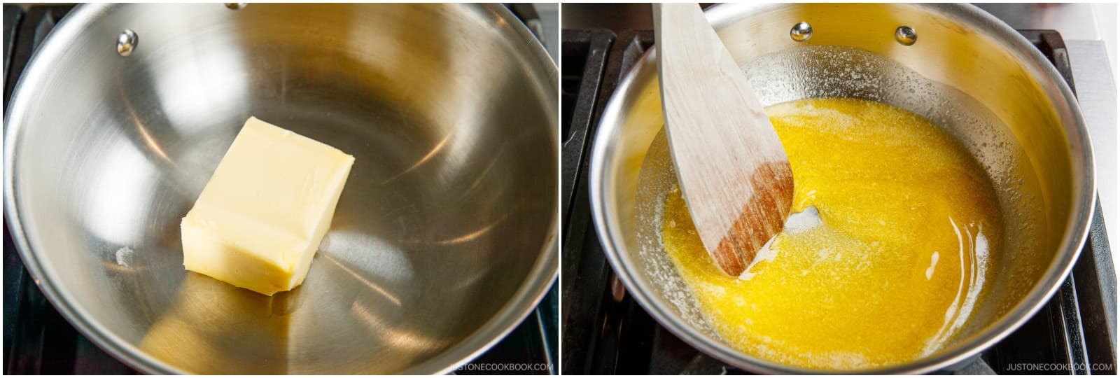 In a small saucepan, melt 3.5 oz unsalted butter over medium-low heat (you can also add cubed butter and start with medium heat, so it melts faster).