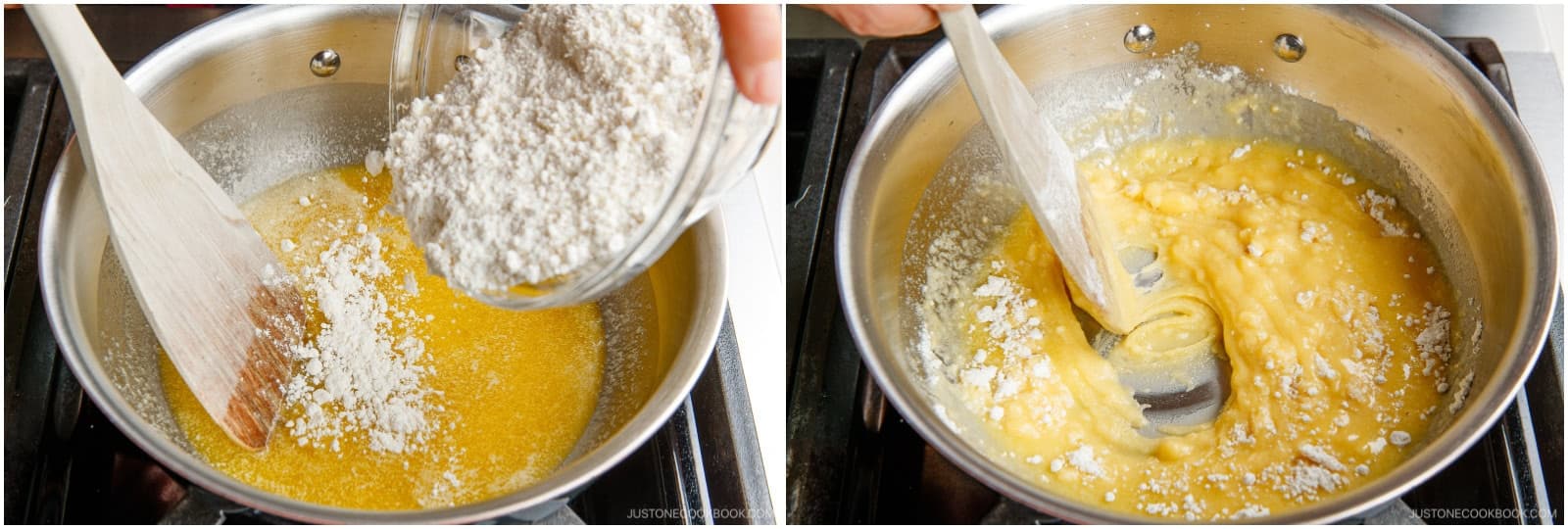 When the butter is completely melted, add 3.5 oz all-purpose flour (plain flour). With a blunt-end wooden spatula, stir to combine the butter and flour.