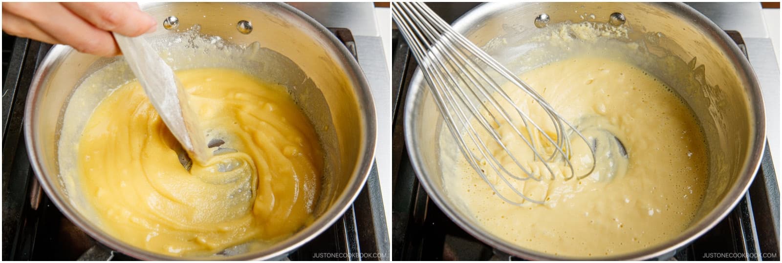 Soon, the butter and flour will fuse and swell. For the next 20–25 minutes, control the stove's heat to around medium-low heat, and stir constantly because the roux burns easily. Nami's Tip: If the roux starts separating, switch to a whisk and mix vigorously.