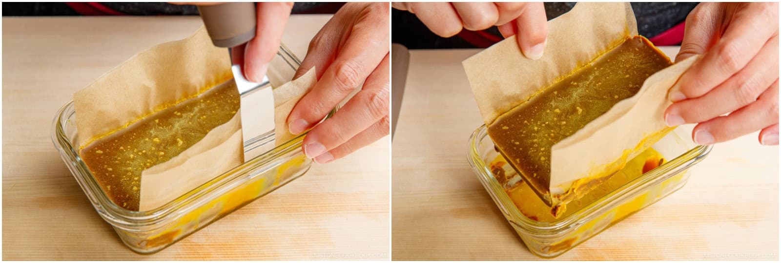 The next day, take out the curry block from the container. If the curry block gets stuck to the container, release it with a butter knife or an offset spatula.