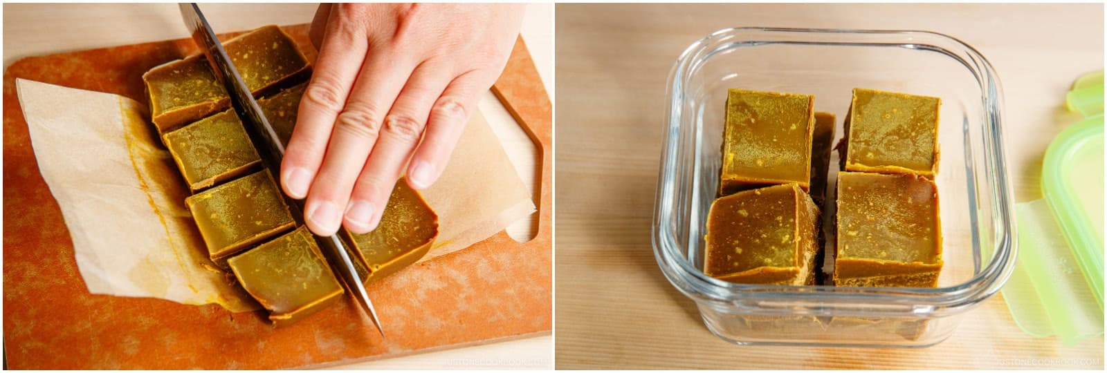 With a sharp knife, cut the block into 8 cubes, about 1 x 1 inch (2.5 x 2.5 cm) each. Transfer the curry roux squares to a glass container.
