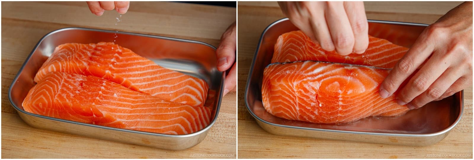 Sprinkle all sides of 2 skin-on salmon fillets with ⅛ tsp freshly ground black pepper and ¼ tsp Diamond Crystal kosher salt (I didn't use all the salt).