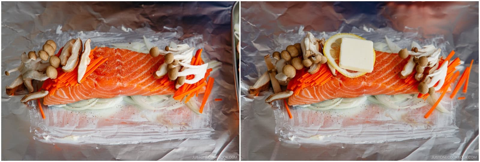 Pile the shimeji and shiitake mushrooms on top. Place one lemon slice in the middle of each fillet and top with ½ Tbsp butter.