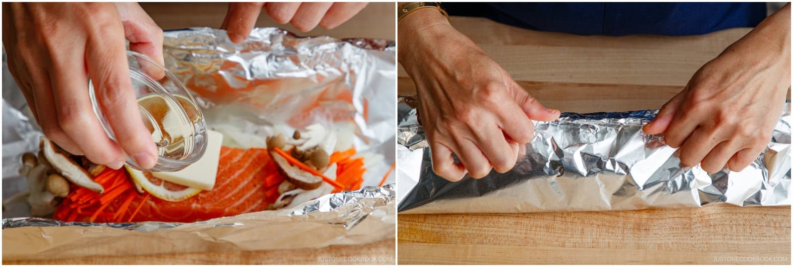 Raise up the foil sides and drizzle ½ Tbsp sake on each fillet. To close the packet, bring the top and bottom edges of the foil together above the salmon. Fold it over a few times to seal, keeping the foil snug against the ingredients so they stay in place.