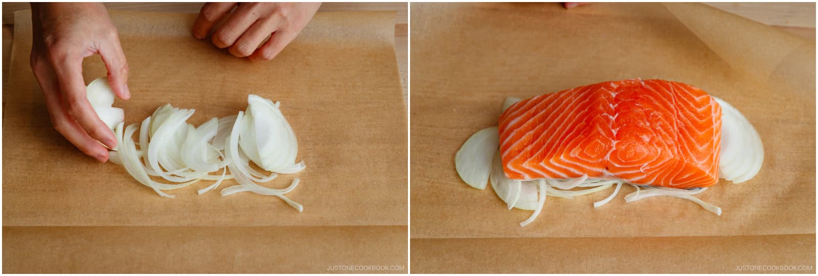 Alternatively, you can make the packets using parchment paper. Prepare 2 large parchment sheets that are big enough to fold over the food with ample space left on the three open sides for folding and steaming; see my image below.Fold the paper in half, crease, then open flat. On one half of each sheet, spread a bed of sliced onions about an inch from the fold line (no need to coat with butter). Place the salmon fillet skin side down on the onions.