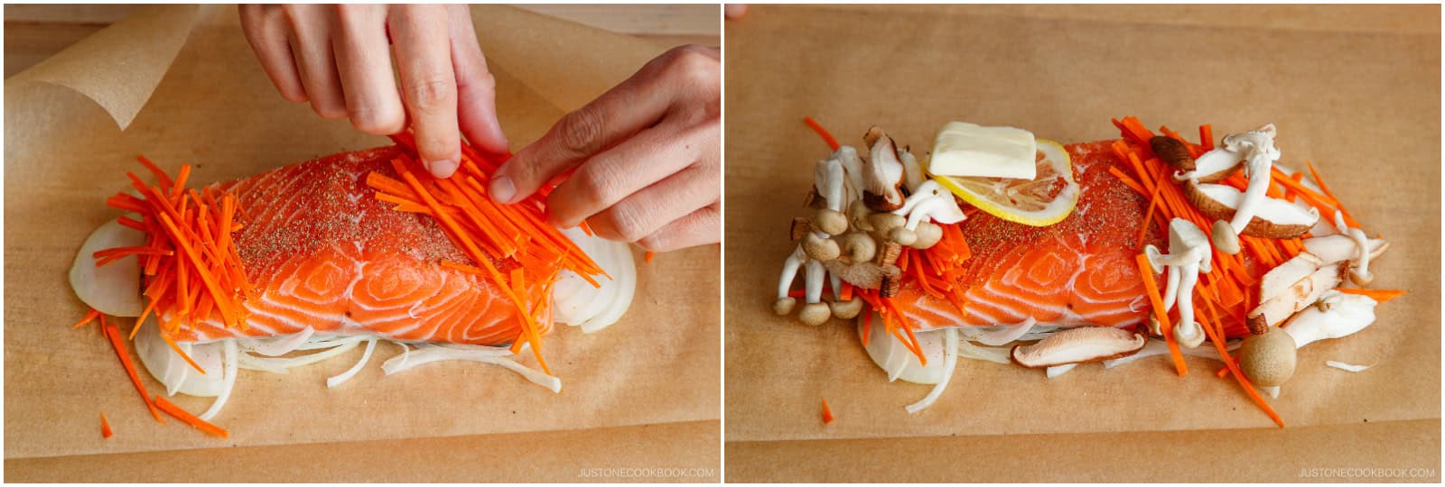 Add the julienned carrots in small piles on the right and left sections of each fillet, leaving the middle open. Add the shimeji and shiitake mushrooms on top of the carrots. For each fillet, place a lemon slice in the middle, top with ½ tablespoon butter, and drizzle with ½ Tbsp sake.