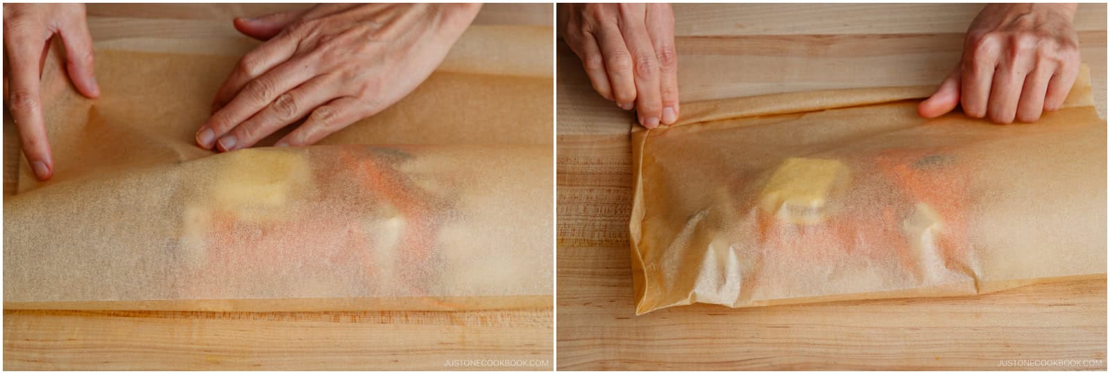 Make the packet: Fold the paper in half over the salmon. Starting on a left side, fold the edges together 3 times, creasing each fold well. Next, fold and crease the front side 3 times.
