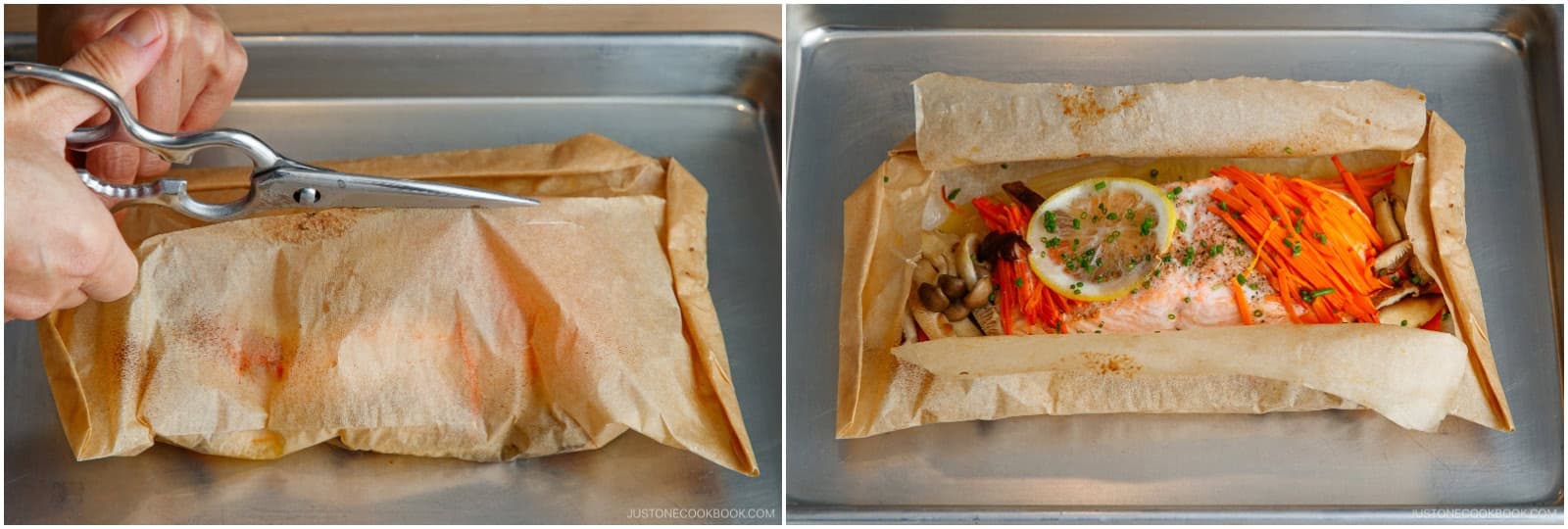 Cook using either method described above. When it's done, cut open the top with kitchen shears, taking care to avoid the hot steam. Sprinkle with minced chives, then serve each packet at the table with 1 Tbsp ponzu (or a mixture of lemon juice + soy sauce) on the side.