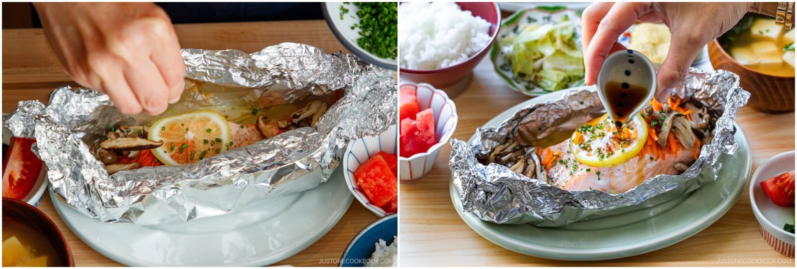 Open the packets carefully to avoid burning your hands with the hot steam. Sprinkle with minced chives. Place the opened foil pouches on individual plates and serve immediately. At the table, drizzle each fillet with 1 Tbsp ponzu (or lemon juice + soy sauce mixture) and enjoy.