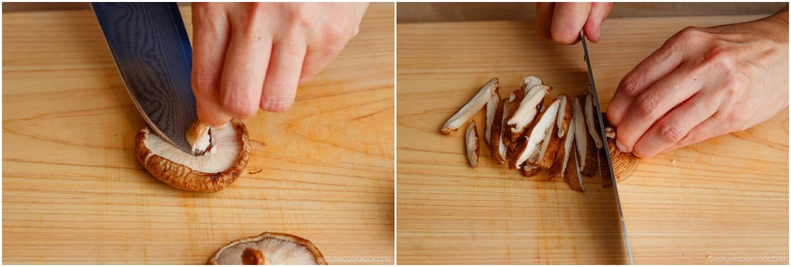 Cut off the stems from 2 shiitake mushrooms and thinly slice the caps.
