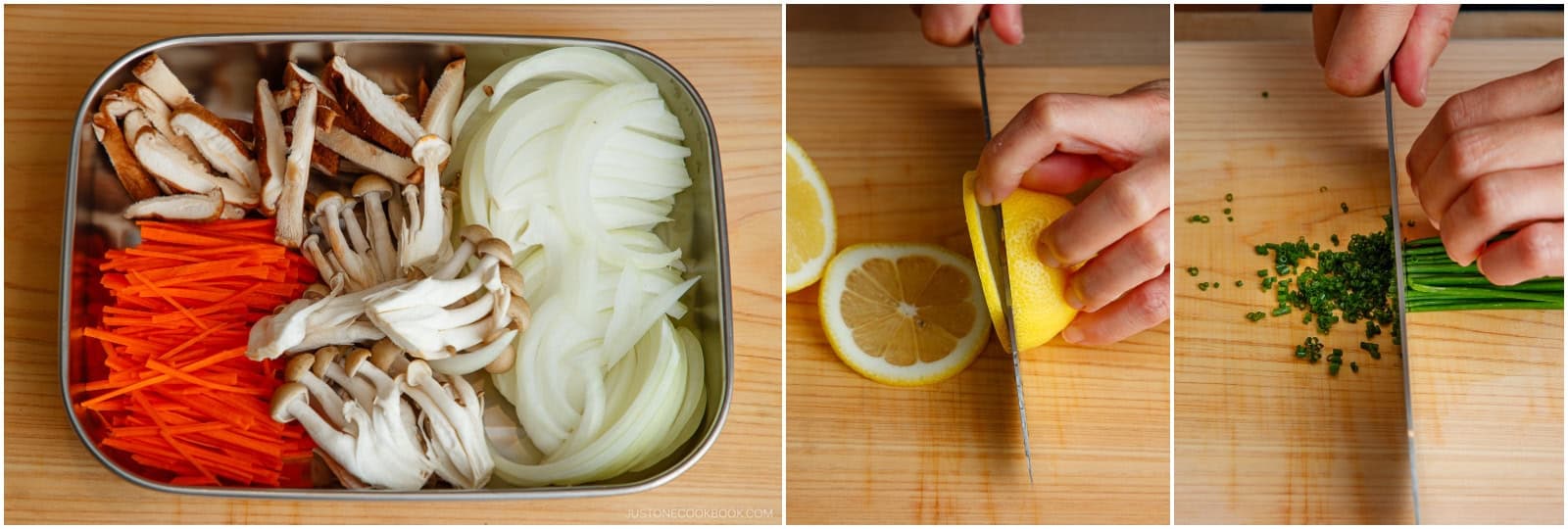 Gather your onion, carrot, and mushrooms on a tray or plate. Now, cut 2 lemon slices from 2 lemon slices. Mince 1 small bunch chives and set aside for garnish.