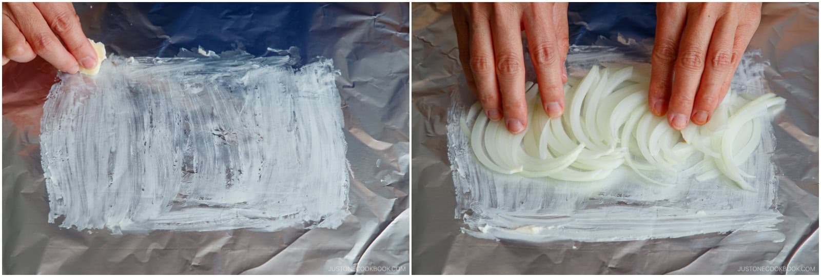 Prepare 2 sheets of aluminum foil, each 12 x 12 inches (30 x 30 cm). Use ½ Tbsp butter to lightly grease the centers, making rectangles the same length as the salmon and 2–3 times its width. (Reserve the remaining 1 Tbsp butter for later.)Spread the sliced onion on top.Nami's Tip: To make the packet with parchment paper instead, see the end of this recipe.