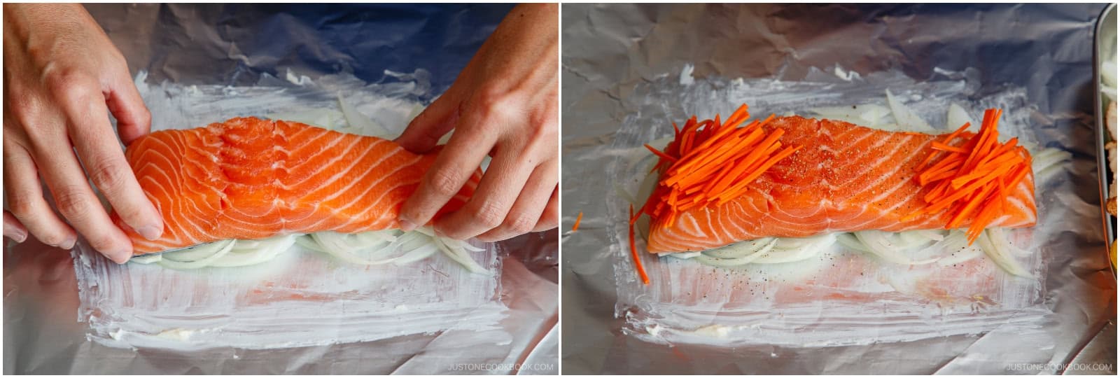 Place one salmon fillet, skin side down, on the onions. Place small piles of julienned carrot on the left and right sections of the fillet, keeping the middle open.