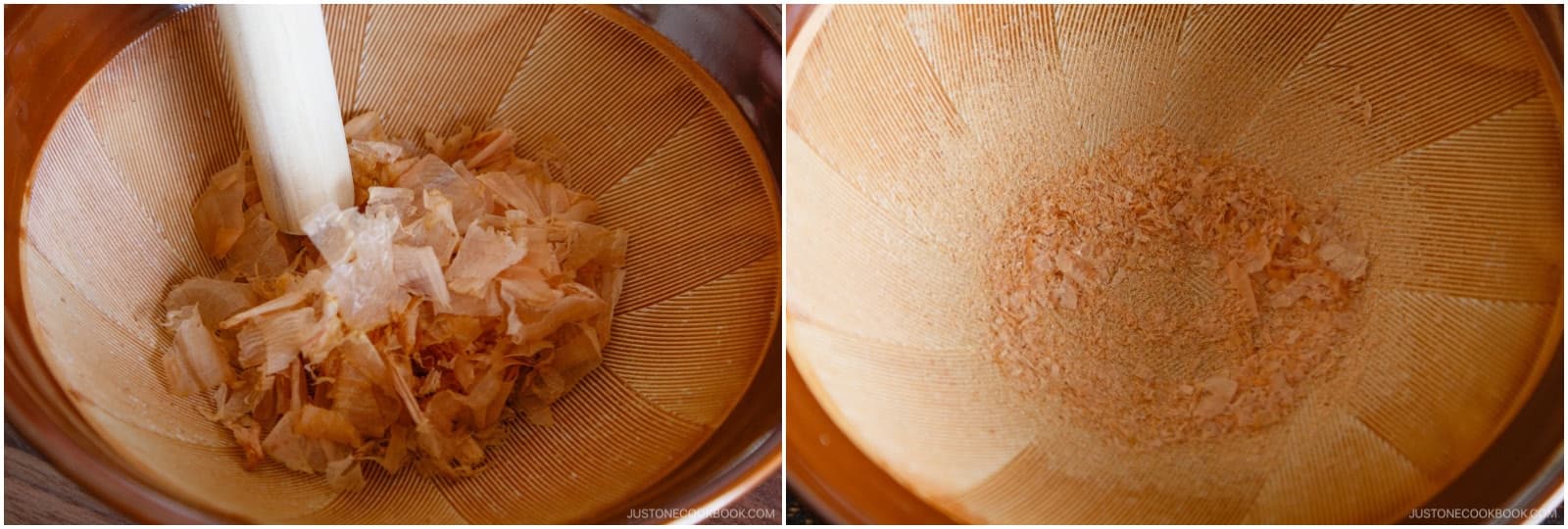 Grind ¼ cup katsuobushi (dried bonito flakes) into a fine powder. Set aside to use during cooking.